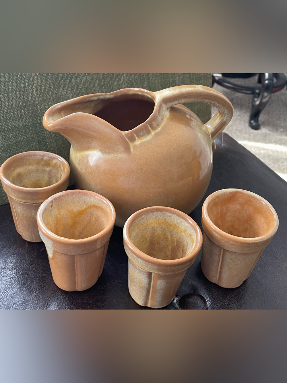 Vintage Frankoma Pottery Ball Pitcher and 4 juice glasses